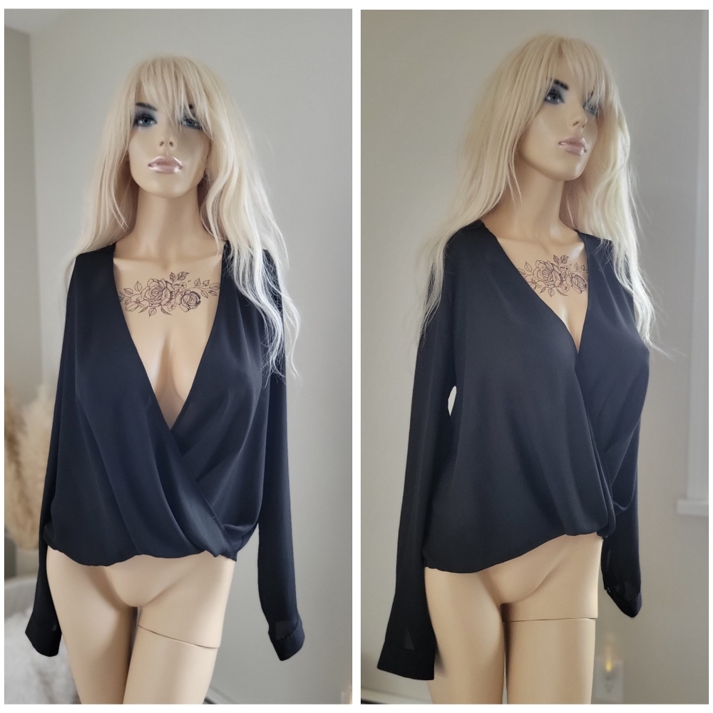 Deep V silky black blouse forever21